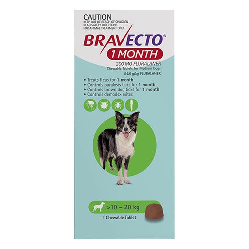 Buy Bravecto 1 Month Chew for Dogs 10-20 Kg - Medium (Green) 1 Chew - 1  Month Online