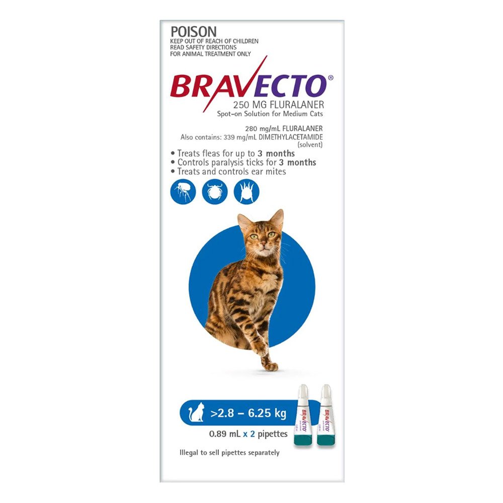 Buy Bravecto Spot On For Medium Cats (2.8 - 6.25 kg) Blue 2 Pipettes Online