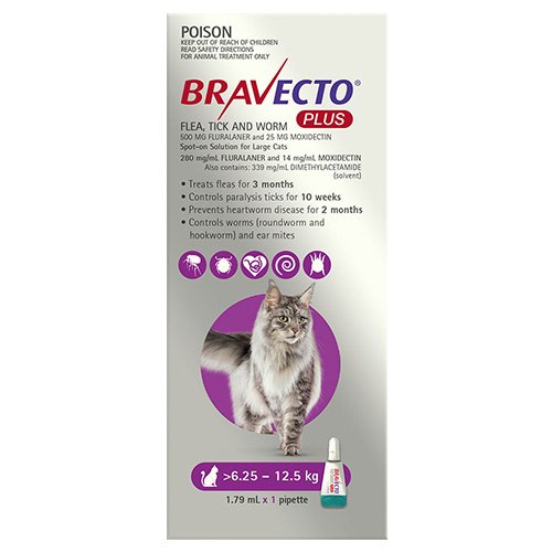 Bravecto Plus For Large Cats 6.25 – 12.5 Kg (Purple) 2 Pack