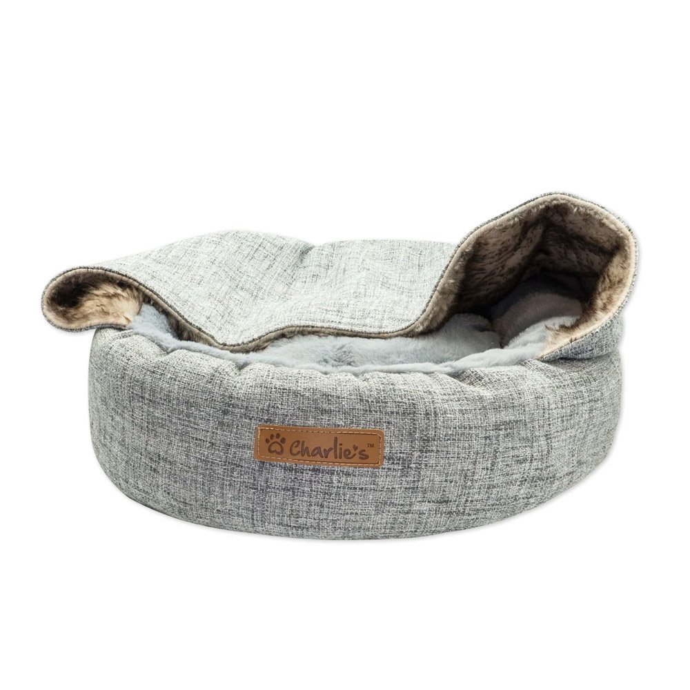 Charlie's VIP Wolf Hooded Nest Bed with Faux Linen and Fur for Pets