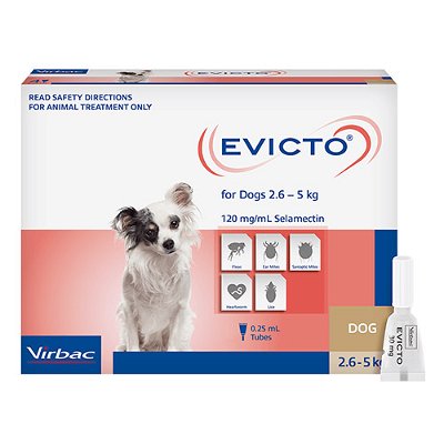 Evicto Spot-On (Selamectin) For Very Small Dogs 2.6-5kg (Brown) 4 Pack