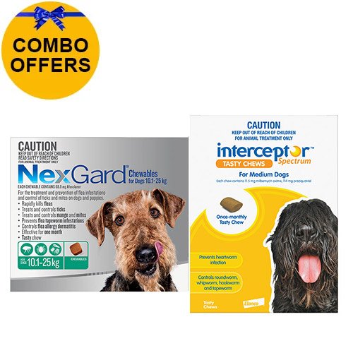 Nexgard + Interceptor Combo Pack For Dogs 10 To 22Kg Nexgard (Green) + Interceptor(Yellow)