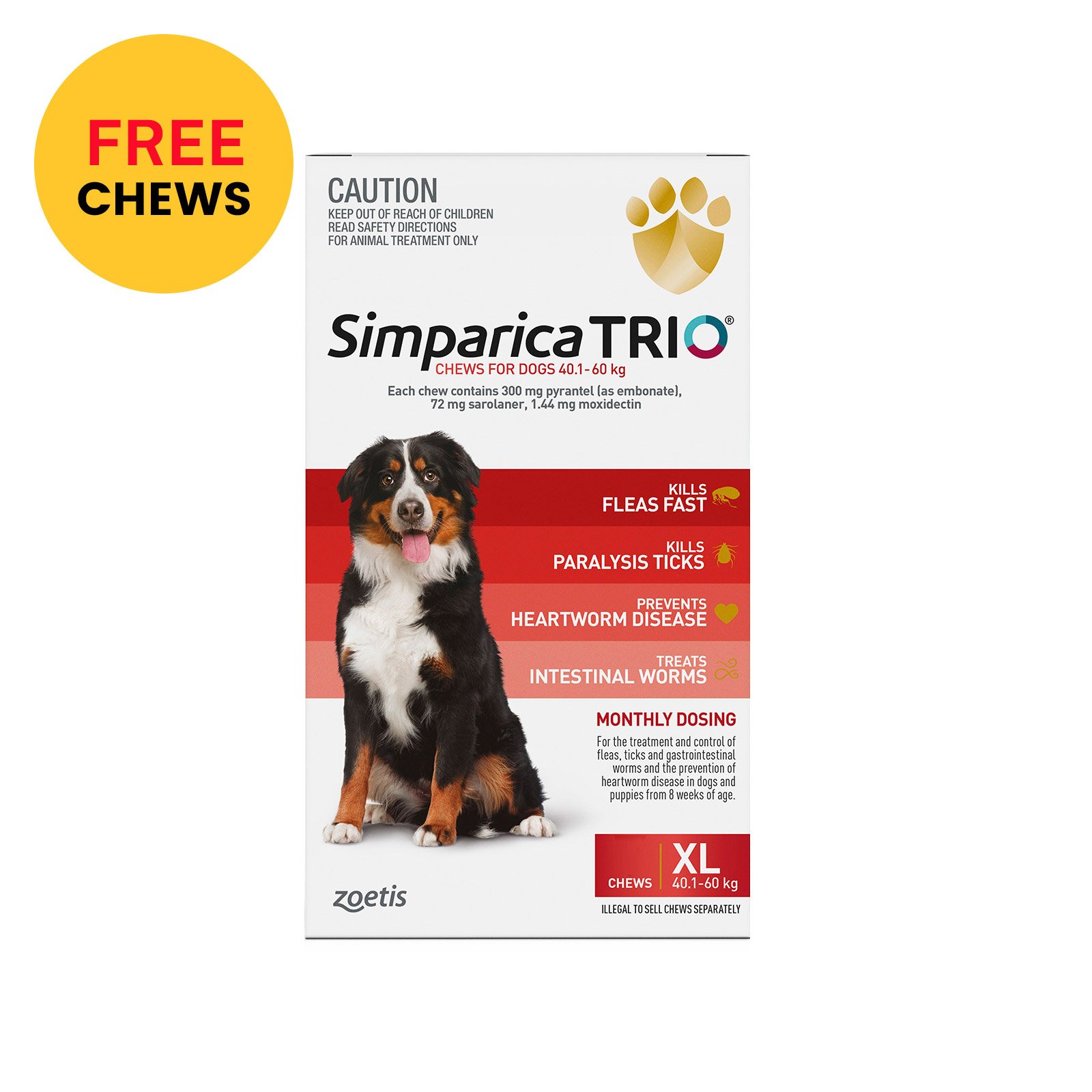 Simparica Trio For Xlarge Dogs 40.1-60kg (Red) 6 Chews + 1  Free