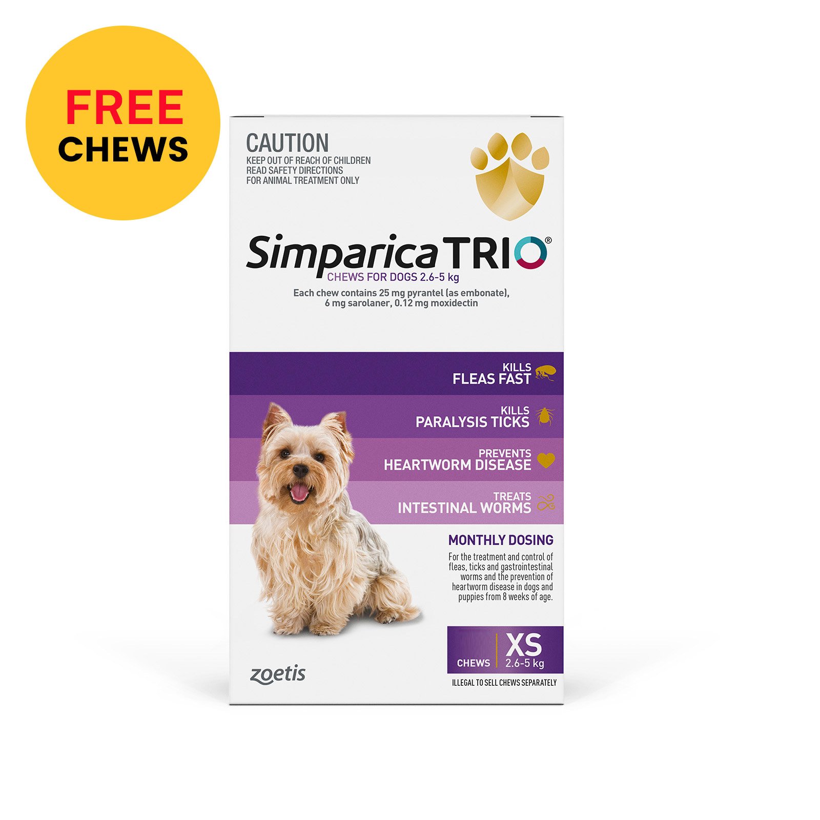Simparica Trio For Xsmall Dogs 2.6-5kg (Purple) 6 Chews + 1  Free