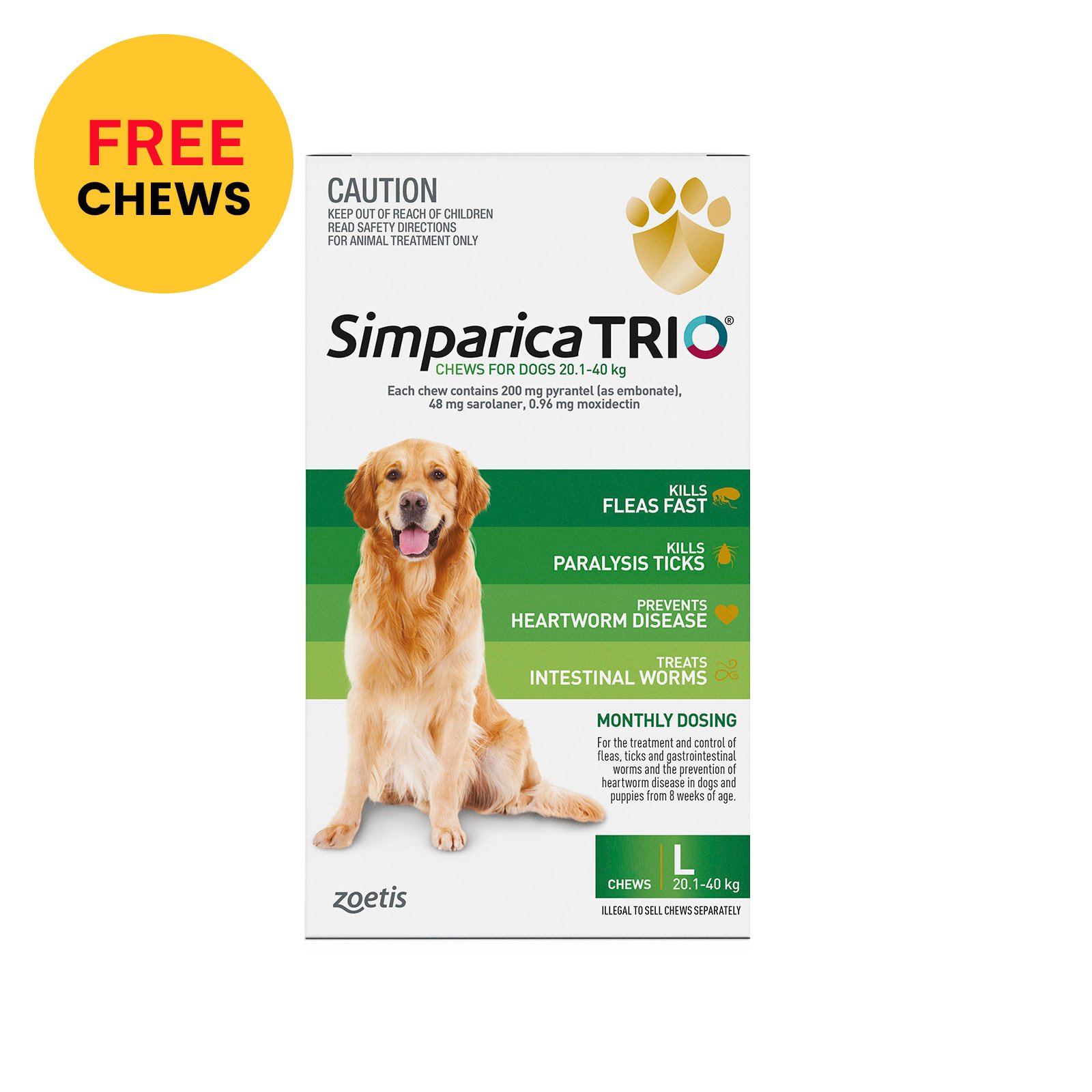 Simparica Trio For Large Dogs 20.1-40kg (Green) 6 Chews + 1  Free