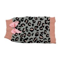 ZeeZ Knitted Leopard Print Dog Sweater with Bow Grey/Pink