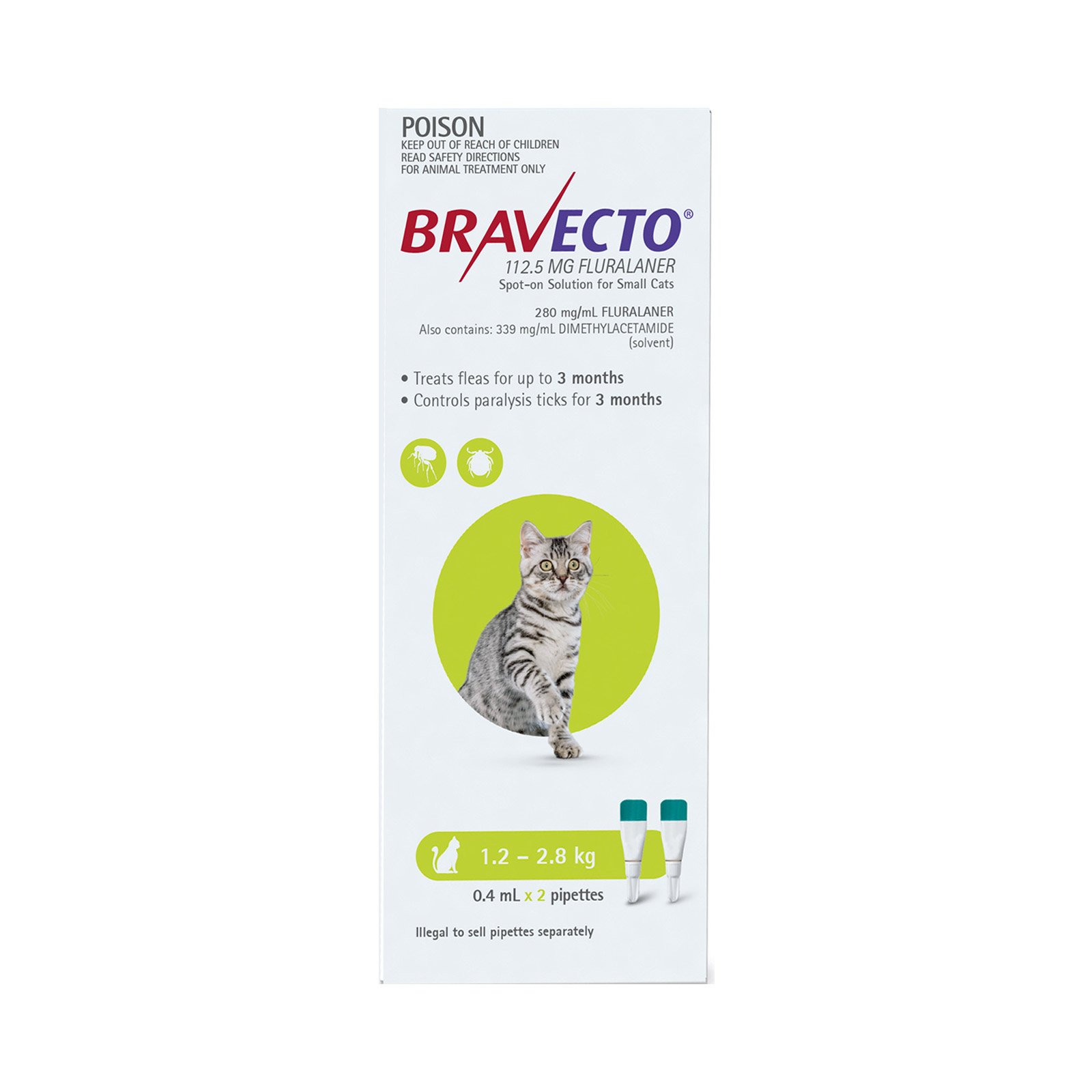 Bravecto Spot On For Small Cats (1.2 - 2.8 Kg) Light Green 2 Pipettes